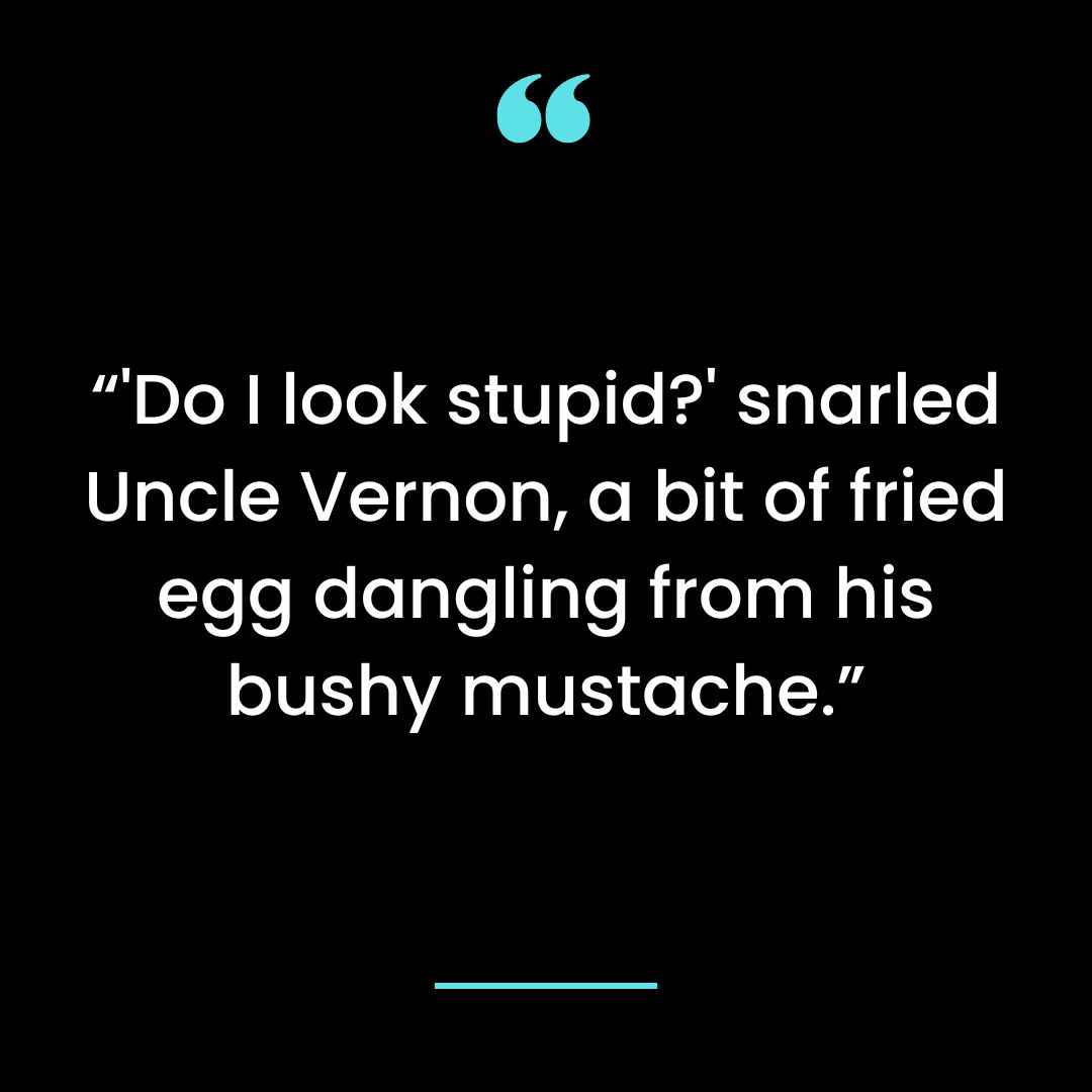 “’Do I look stupid?’ snarled Uncle Vernon, a bit of fried egg dangling from his bushy mustache.”